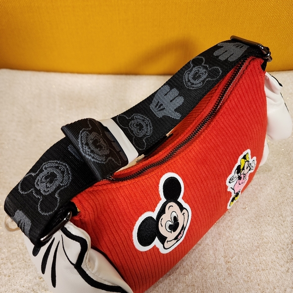 Loungefly Disney 100th Mickey Hands Gloves Red Corduroy Crossbody Handbag NEW - Picture 3 of 11